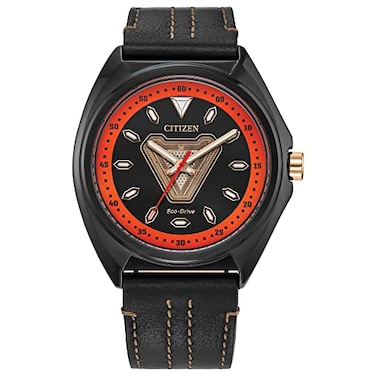 CITIZEN Mens EcoDrive Marvel Tony Stark 63 Black Ion Plated Watch with Black Leather Strap 3 Hand Luminous 43mm Model AW207505W