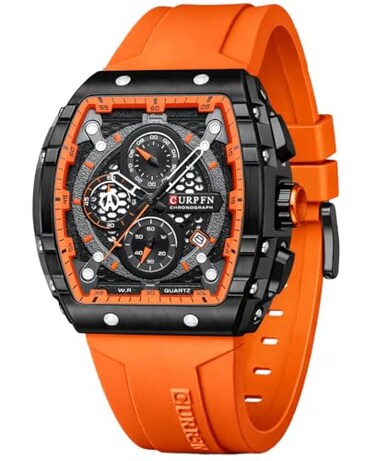 PASOY Luxury Chronograph Watches for Mens Rubber Strap Black Waterproof Date Analog Quartz Watch Orange B