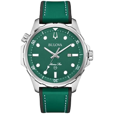 Bulova Mens Marine Star Quartz Silver Stainless Steel Case Green Leather with Silicone Accent StrapStyle96B449