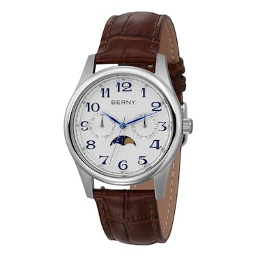 BERNY Silver Watch for Men Moon Phase Watches MultiFunction Quartz Wristwatch Easy Read Arabic Numerals Dial Analog Watches Stainless Steel Case Subdial with Date Day Calendar