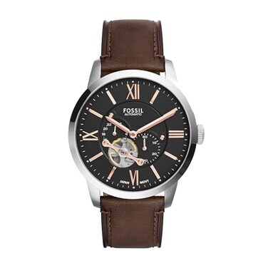 Fossil Mens Watch Townsman Automatic Stainless Steel and Leather TwoHand Skeleton Watch for Men Color Silver Brown
