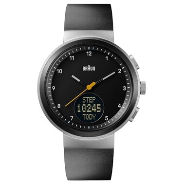 Braun Analogue Quartz Watch with Digital Display with Calendar and Step Count Black Dial and Black Silicone Rubber Strap 45mm Stainless Steel Case Model BN0299NBKBKG