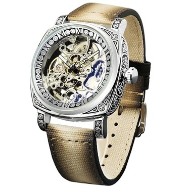 FORSINING Watches for Man Square Retro Mechanical Watch SelfWind Carved Skeleton Automatic Watches Vintage Leather Strap Wristwatch