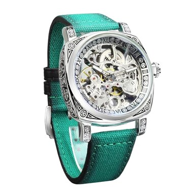 FORSINING Watches for Man Square Retro Mechanical Watch SelfWind Carved Skeleton Automatic Watches Vintage Leather Strap Wristwatch
