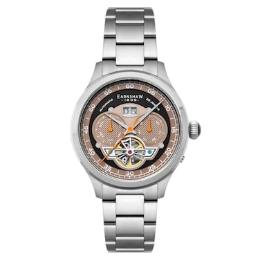 Thomas Earnshaw Mens 43mm Baron Grand Date Calendar Open Heart Automatic Ghost Grey Watch with Solid Stainless Steel Bracelet ES818755