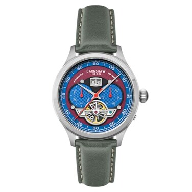 Thomas Earnshaw Mens 43mm Baron Grand Date Calendar Open Heart Automatic English Blue Watch with Leather Strap ES818708