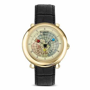 Stauer DuMonde Automatic Watch 40mm GoldPlated Case 23Jewel Movement World Map Dial Exhibition Back Black Leather Strap