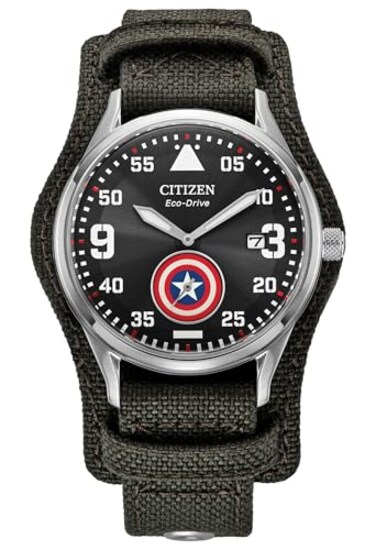 Citizen Mens EcoDrive Marvel Captain America Dark Gray Stainless Steel Nylon Strap Watch BV114000W