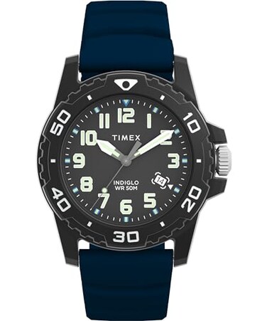 Timex Mens Diver 42mm Watch Blue Strap Black Dial Black Case