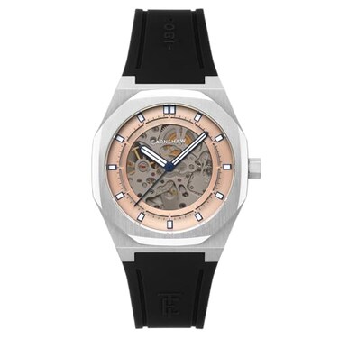 Thomas Earnshaw Mens 42mm Discovery Drake Skeleton Automatic Champagne Silver Watch with Silicone Strap ES829501