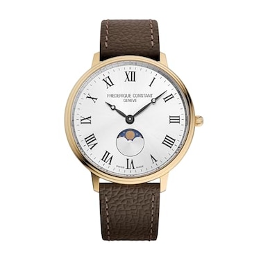 Frederique Constant Classic Quartz Moonphase Gold Stainless Steel Case Watch and Brown Leather Strap Silver Dial Style FC206RS3S5
