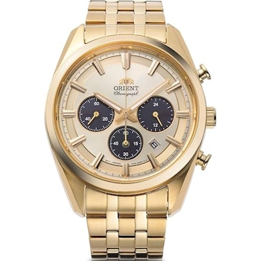 Orient Stretto Solar Chronograph Champagne Dial Gold Colour Strap Mens Watch RATX0301G10B
