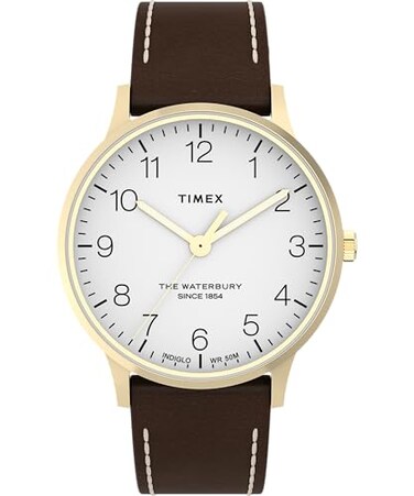 Timex Mens Waterbury Classic 40mm Watch Brown Strap White Dial GoldTone Case