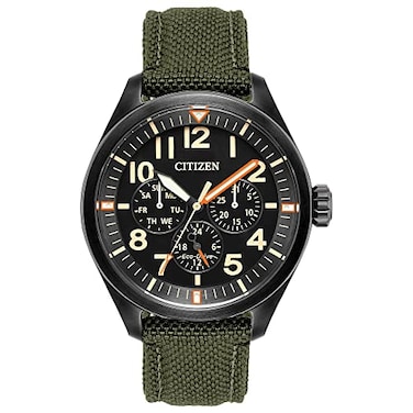 Citizen Mens EcoDrive Weekender Garrison Field Watch in Stainless Steel with Olive Green Nylon Strap Black Dial Model BU205516E