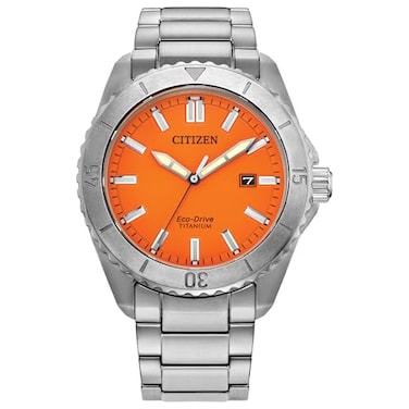 Citizen Mens EcoDrive Brycen Sport Casual Orange Dial SilverTone Super Titanium Bracelet and Case Watch Model AW184050X