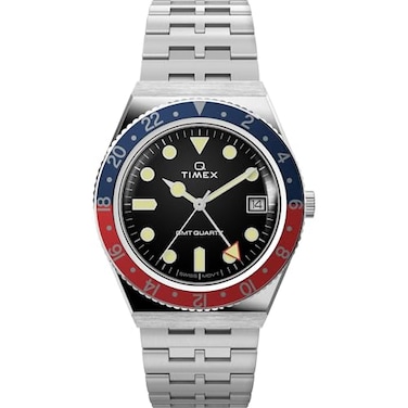 Timex Mens Q GMT 38mm Watch Black Dial Stainless Steel Case Strap