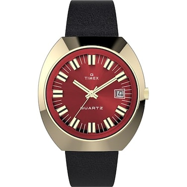 Timex Q Mens 1972 Reissue 43mm Watch GoldTone Case Burgundy Dial with Black Leather Strap
