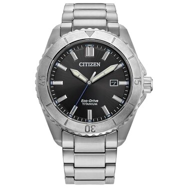 Citizen Mens EcoDrive Brycen Sport Casual Black Dial SilverTone Super Titanium Bracelet and Case Watch Model AW184050E