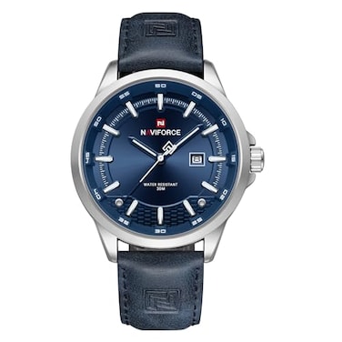 NAVIFORCE Mens Minimalist Waterproof Quartz Leather Strap Watches with Auto Date Silver Blue
