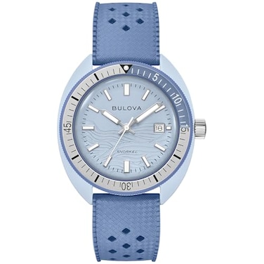 Bulova Mens Oceanographer Snorkel Ceramic Case and White Perforated Rubber Strap Watch Day Date 100M WR
