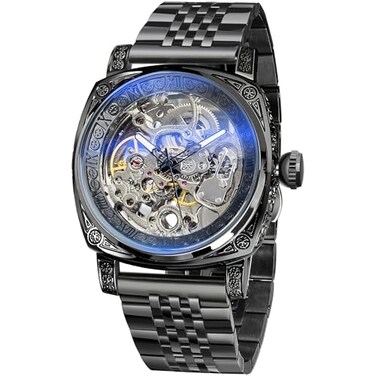 FORSINING Watches for Men Square Retro Mechanical Watch SelfWind Carved Skeleton Automatic Watches Vintage Wristwatch Black