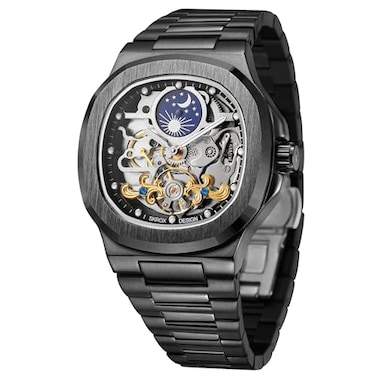 FORSINING Mens Luxury Automatic Self Wind Skeleton Analogue Sun and Moon Watch with Stainless Steel Strap Black