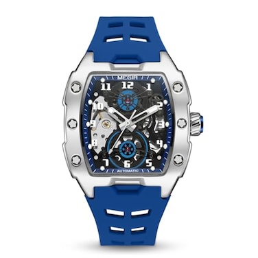 MEGIR Automatic Mechanical Men Watch Silicone Band 43x50mm Alloy Case 3ATM Water Resistant Luminous Hands Blue