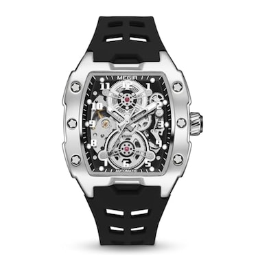 MEGIR Automatic Mechanical Men Watch Silicone Band 43x50mm Alloy Case 3ATM Water Resistant Luminous Hands Black