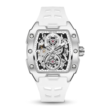 MEGIR Automatic Mechanical Men Watch Silicone Band 43x50mm Alloy Case 3ATM Water Resistant Luminous Hands White