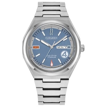 Citizen Mens EcoDrive The Fantastic 4 SilverTone Super Titanium Watch Blue Dial DayDate Model AW013166W