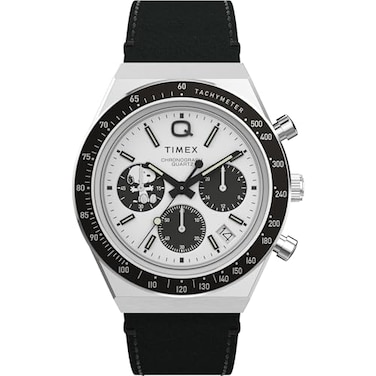 Timex Mens Peanuts Q 40mm Watch Black Strap White Dial Stainless Steel Case