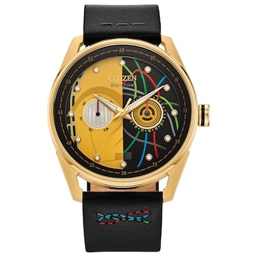 Citizen Mens EcoDrive Star Wars C3PO Watch Black Leather Strap Yellow Dial DayDate Model BU402605W