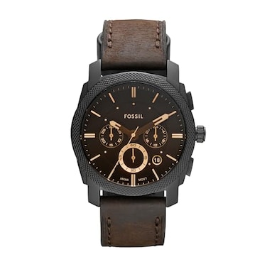 Fossil Mens Machine Quartz Stainless Steel and Leather Chronograph Watch Color Black Dark Brown Model FS4656