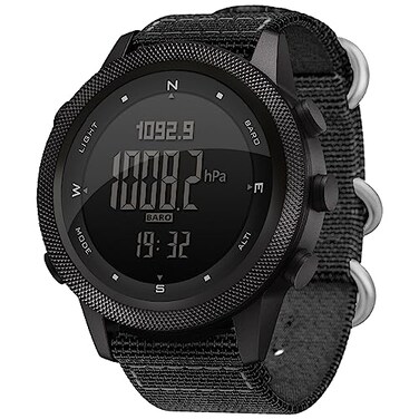 DIDITIME Mens Tactical Watch Black 46mm Nylon Strap AnalogDigital Display Water Resistant Compass Temperature Altimeter Barometer Steps Track