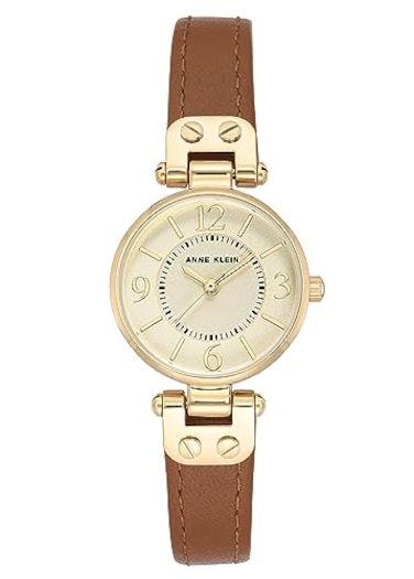 Anne Klein Womens 109442CHHY GoldTone Champagne Dial and Brown Leather Strap Watch
