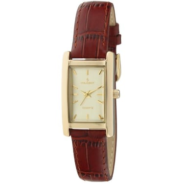 Peugeot Womens Classic 14Kt Gold Plated Watch Rectangular Tank Shape Case with Leather Band and Easy to Read Dial