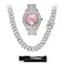 Techno Pave Womens Iced Solitaire Bezel Watch Chain Set 44mm Case Silver Pink Dial Cuban Chain