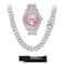 Techno Pave Womens Iced Solitaire Bezel Watch Chain Set 44mm Case Silver Pink Dial Cuban Chain