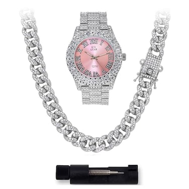 Techno Pave Womens Iced Solitaire Bezel Watch Chain Set 44mm Case Silver Pink Dial Cuban Chain