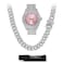 Techno Pave Womens Iced Solitaire Bezel Watch Chain Set 44mm Case Silver Pink Dial Cuban Chain