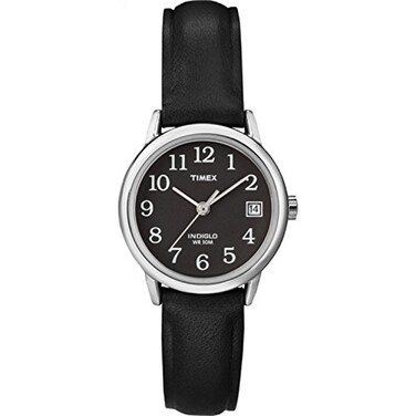 Timex Womens Easy Reader 25mm Watch SilverTone Case Black Dial with Black Leather Strap