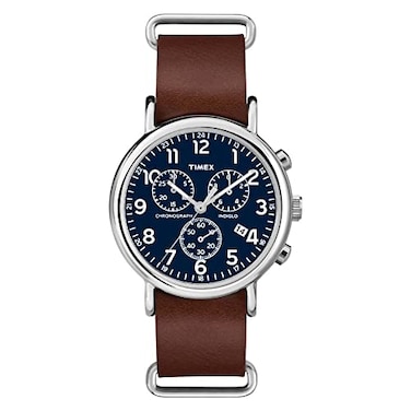 Timex Weekender Chrono Quartz Analog Watch with Leather Strap BrownSilverBlue 40 mm Model TW2R63200