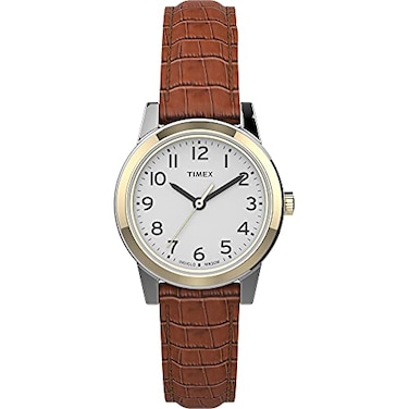 Timex Womens Essex Avenue 25mm Watch TwoTone Case White Dial with Brown Leather Strap