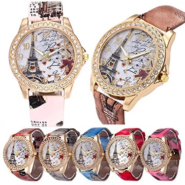 CdyBox Wholesale PU Leather Strap Watch 6 Pack Mother Day Gift Bling Rhinestone Accented Eiffel Tower Ladies Women Watches
