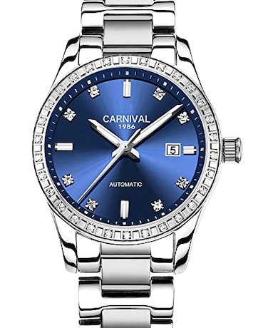 LOREO Womens Diamond Automatic Mechanical Rose Gold Stainless Steel Sapphire Waterproof Ladys Elegant Blue Watch SilverBlue Dial