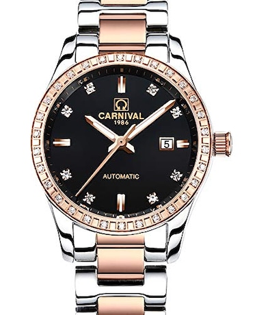 LOREO Luxury Womens Diamond Automatic Mechanical Rose Gold Stainless Steel Sapphire Waterproof Ladys Elegant Black Dial Watch Black dial