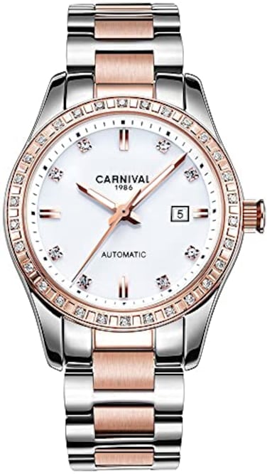 LOREO Womens Diamond Automatic Mechanical Rose Gold Stainless Steel Sapphire Waterproof Ladys Elegant Blue Watch White dialNO2
