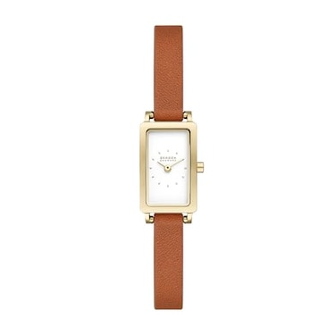 Skagen Womens Hagen Rectangular ThreeHand Gold Stainless Steel and Brown Leather Band Watch Model SKW3096