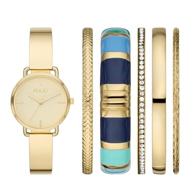 Folio Womens ThreeHand GoldTone Alloy Watch Gift Set