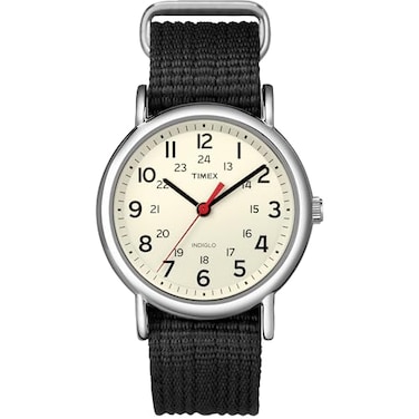 Timex Unisex Weekender 38mm Watch SilverTone Case Cream Dial with Black Fabric SlipThru Strap